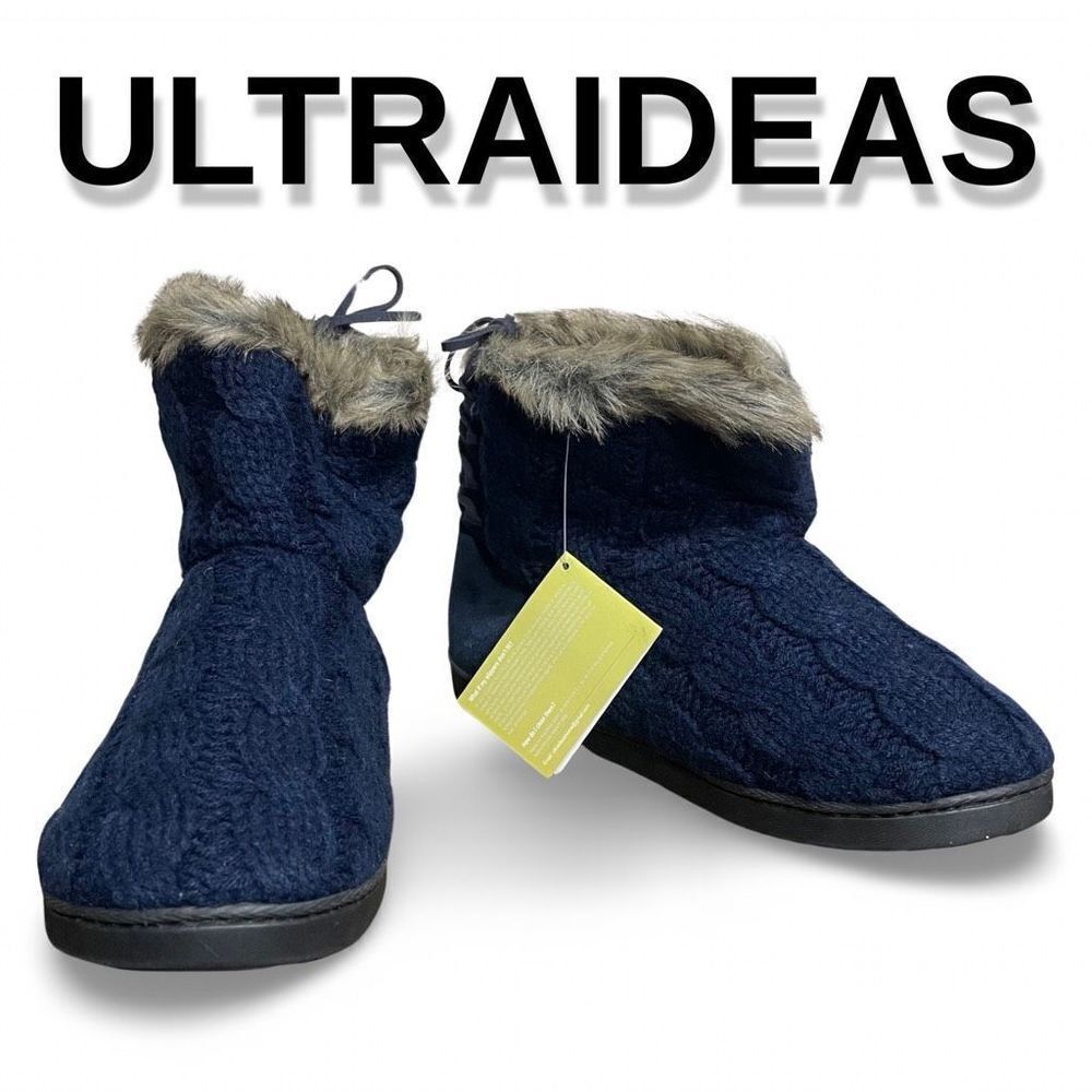 ULTRAIDEAS Blue Lace-Up Back Faux Fur-Lined Cable-Knit Slipper Boot Size 10